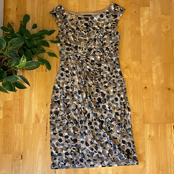 Connected Apparel Cap Sleeve Mock Wrap Dress Tan dots - Picture 1 of 16